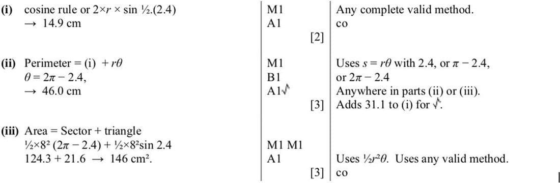 9709 Circular Measure problem 262 mark scheme